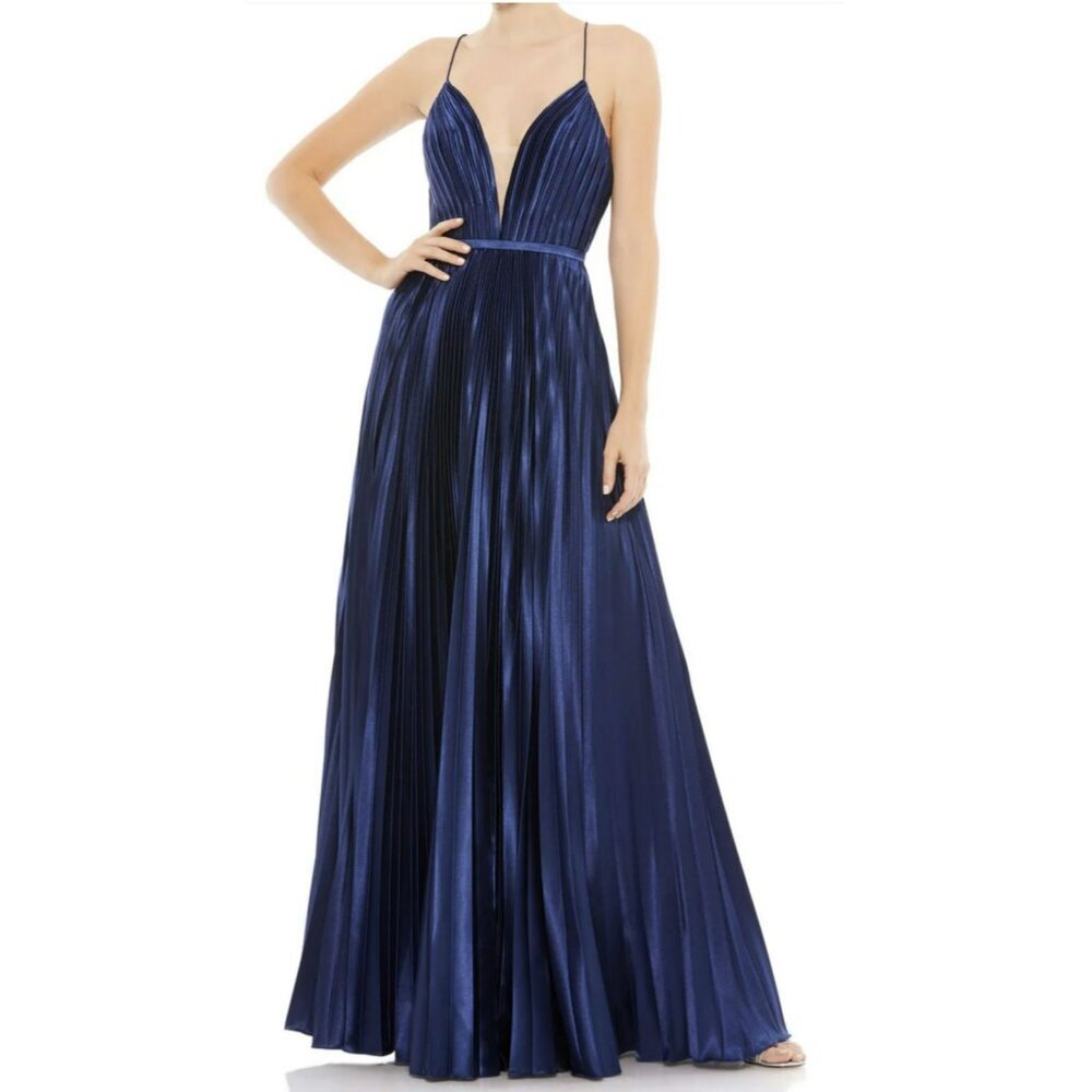 Mac Duggal Plunge Neck Cross Back Pleated Maxi Dress Formal Gown Sz 8 NWT